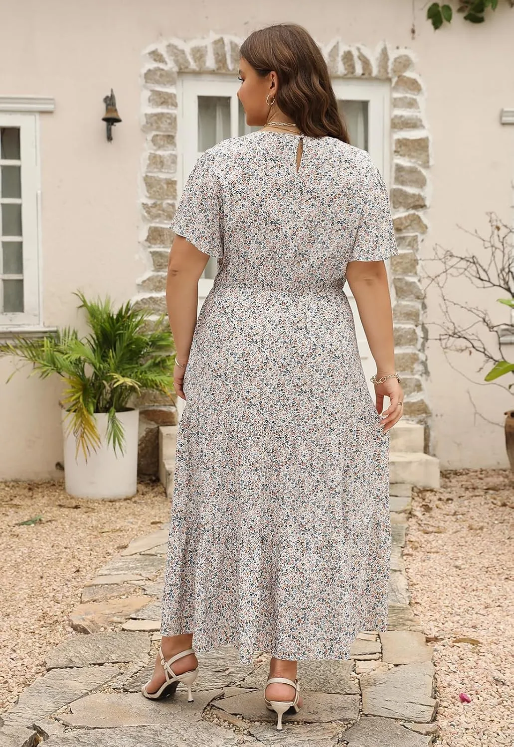 Nemidor Plus Size Maxi Dresses for Curvy Women Summer Casual Boho Ditsy Floral Print Layered Flared Long Dress with Pocket
