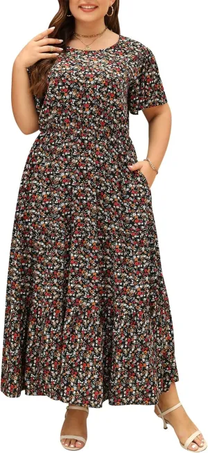 Nemidor Plus Size Maxi Dresses for Curvy Women Summer Casual Boho Ditsy Floral Print Layered Flared Long Dress with Pocket
