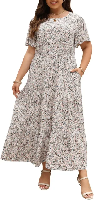 Nemidor Plus Size Maxi Dresses for Curvy Women Summer Casual Boho Ditsy Floral Print Layered Flared Long Dress with Pocket