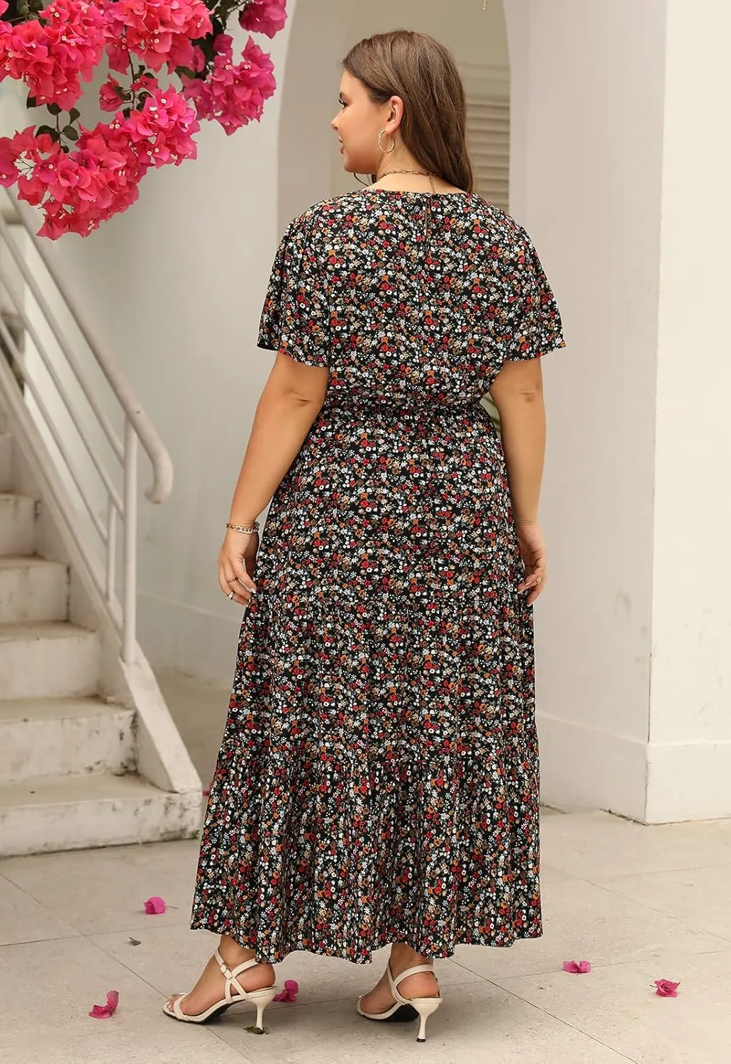Nemidor Plus Size Maxi Dresses for Curvy Women Summer Casual Boho Ditsy Floral Print Layered Flared Long Dress with Pocket