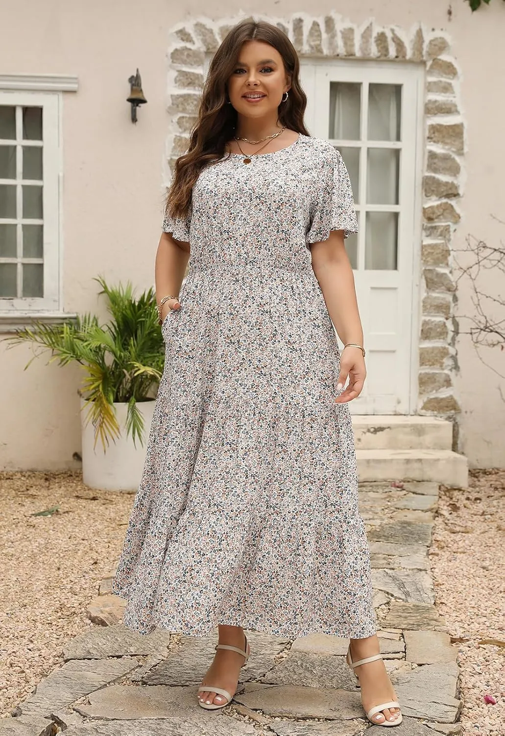 Nemidor Plus Size Maxi Dresses for Curvy Women Summer Casual Boho Ditsy Floral Print Layered Flared Long Dress with Pocket