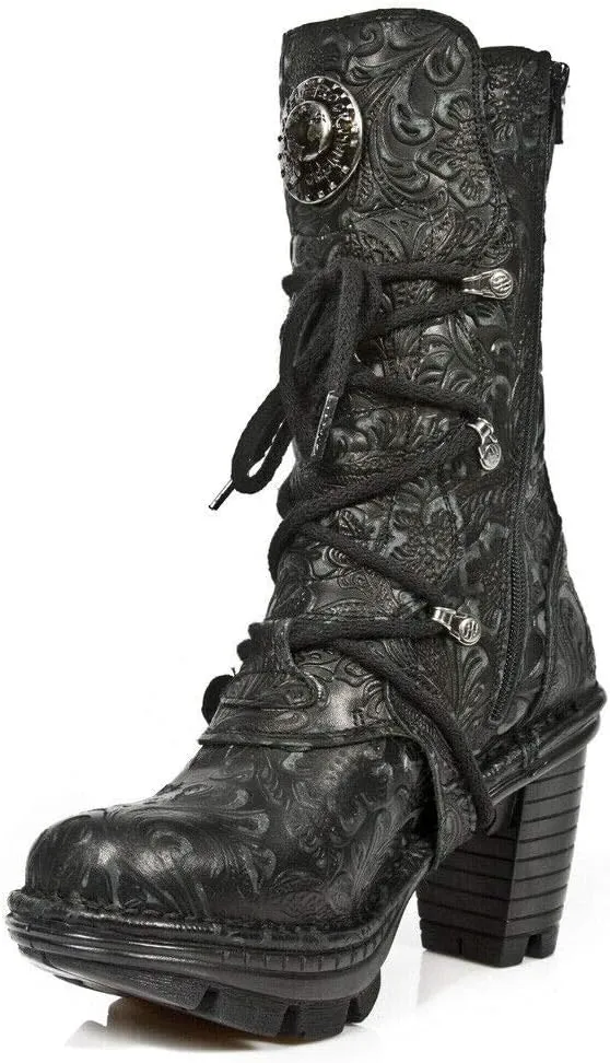 New Rock NEOTR005-S25 Vintage Floral Black Gothic Rock Punk Ladies Leather Fashion Calf Boots