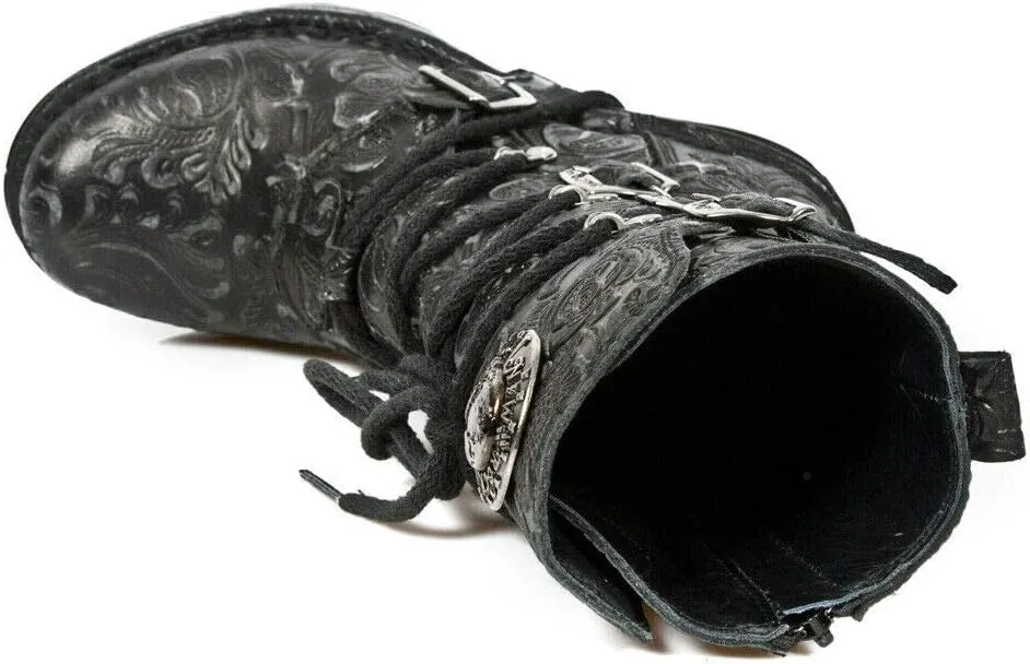 New Rock NEOTR005-S25 Vintage Floral Black Gothic Rock Punk Ladies Leather Fashion Calf Boots