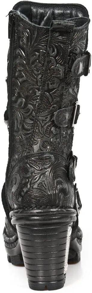 New Rock NEOTR005-S25 Vintage Floral Black Gothic Rock Punk Ladies Leather Fashion Calf Boots