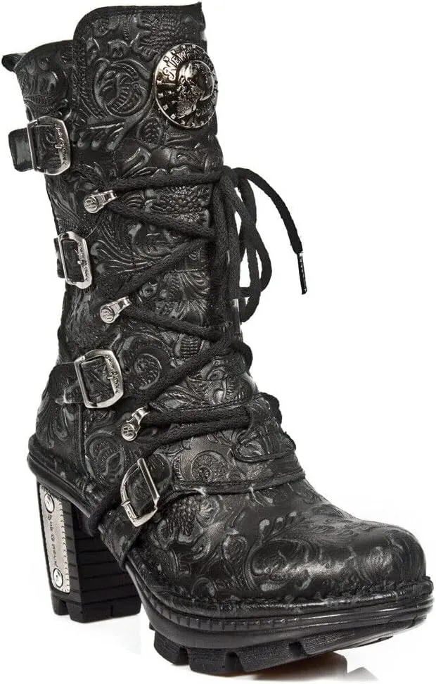 New Rock NEOTR005-S25 Vintage Floral Black Gothic Rock Punk Ladies Leather Fashion Calf Boots