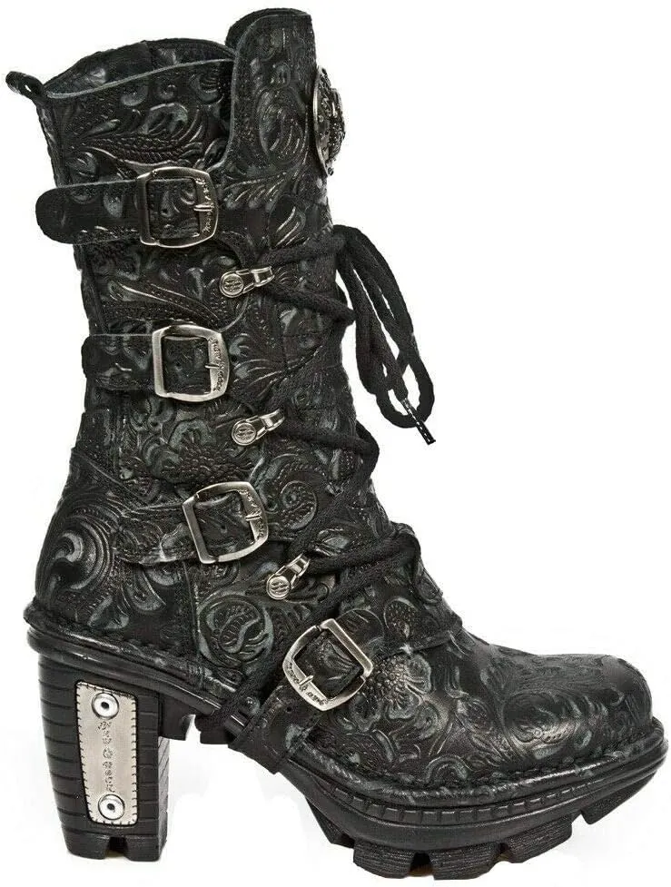 New Rock NEOTR005-S25 Vintage Floral Black Gothic Rock Punk Ladies Leather Fashion Calf Boots