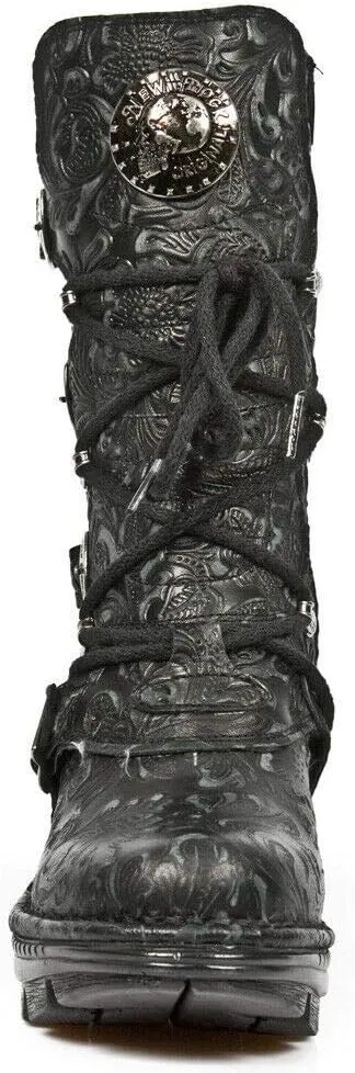 New Rock NEOTR005-S25 Vintage Floral Black Gothic Rock Punk Ladies Leather Fashion Calf Boots