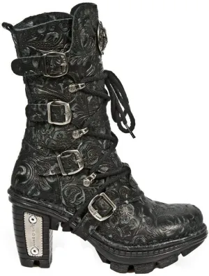 New Rock NEOTR005-S25 Vintage Floral Black Gothic Rock Punk Ladies Leather Fashion Calf Boots