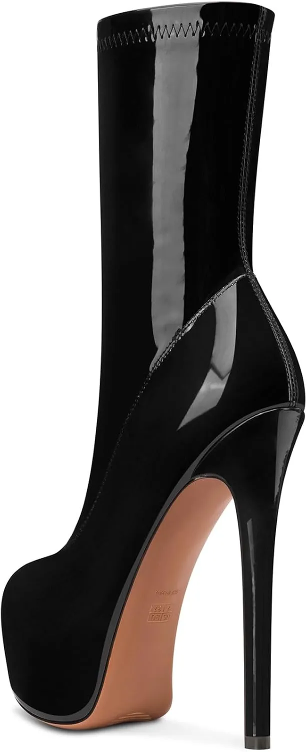 NobleOnly Womens High Stiletto Heel Platform Ankle Boots Short Bootie Round Toe Zipper Mid Calf Prom Dress Boots 5.9 Inches Heels