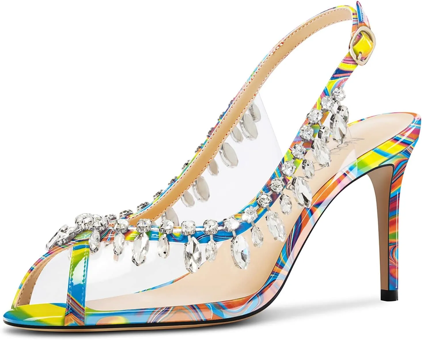 NobleOnly Womens Mid Heel Peep Open Toe Slingback Sandals Rhinestone Crystal Prom Party Sexy Summer Shoes 3.2 Inches Heels