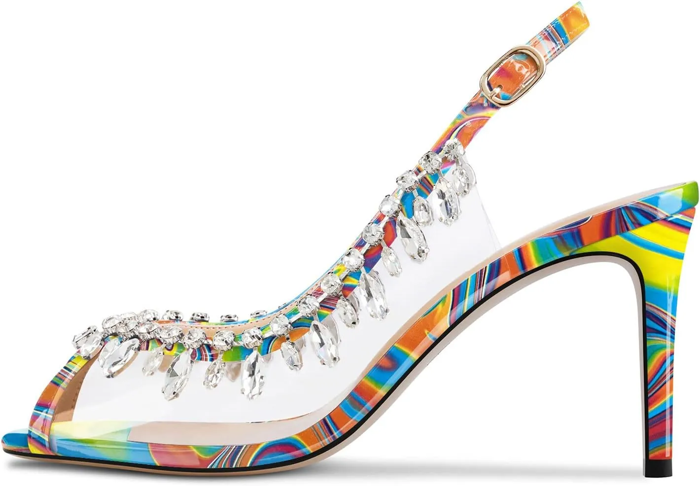NobleOnly Womens Mid Heel Peep Open Toe Slingback Sandals Rhinestone Crystal Prom Party Sexy Summer Shoes 3.2 Inches Heels