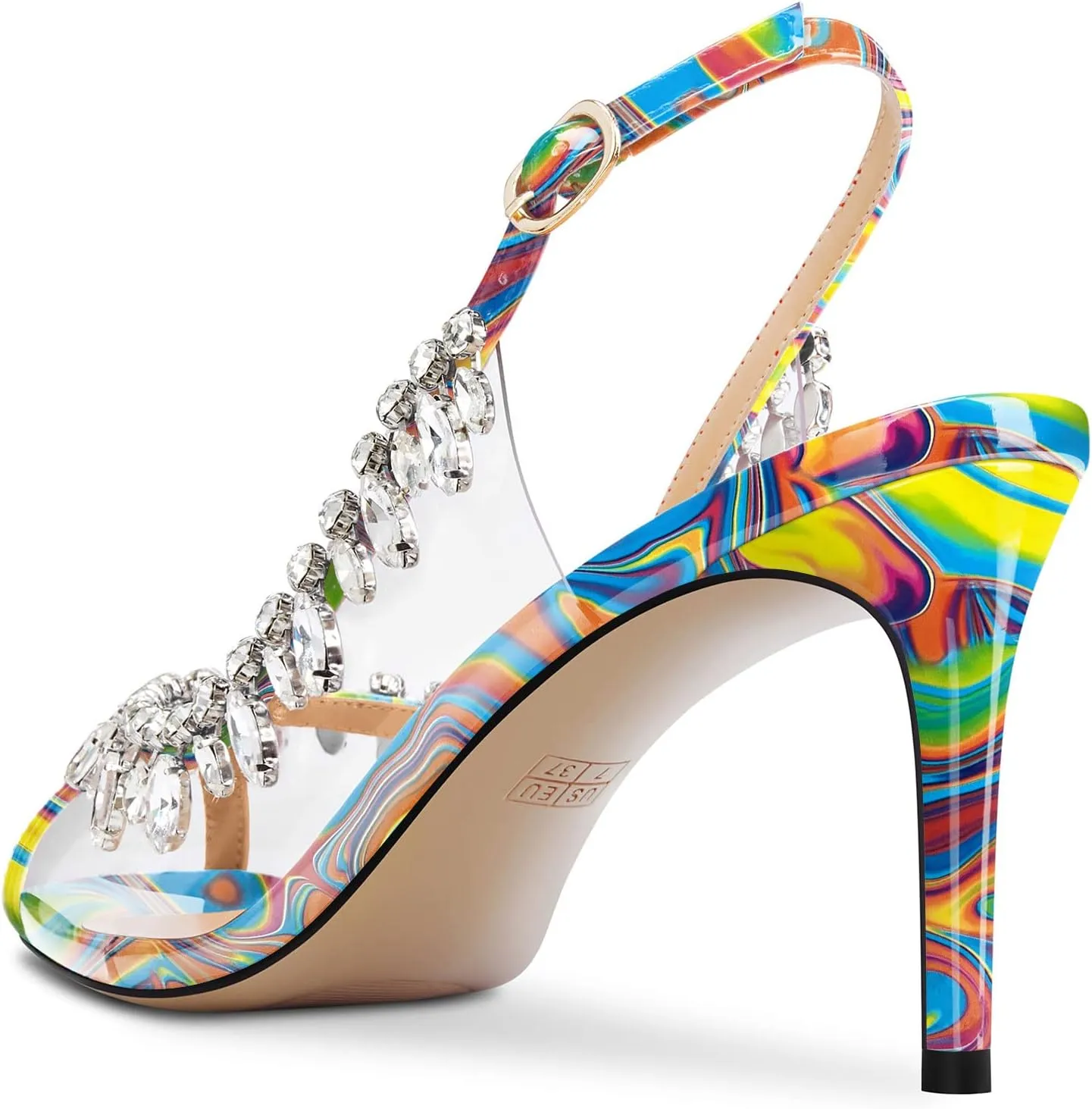 NobleOnly Womens Mid Heel Peep Open Toe Slingback Sandals Rhinestone Crystal Prom Party Sexy Summer Shoes 3.2 Inches Heels