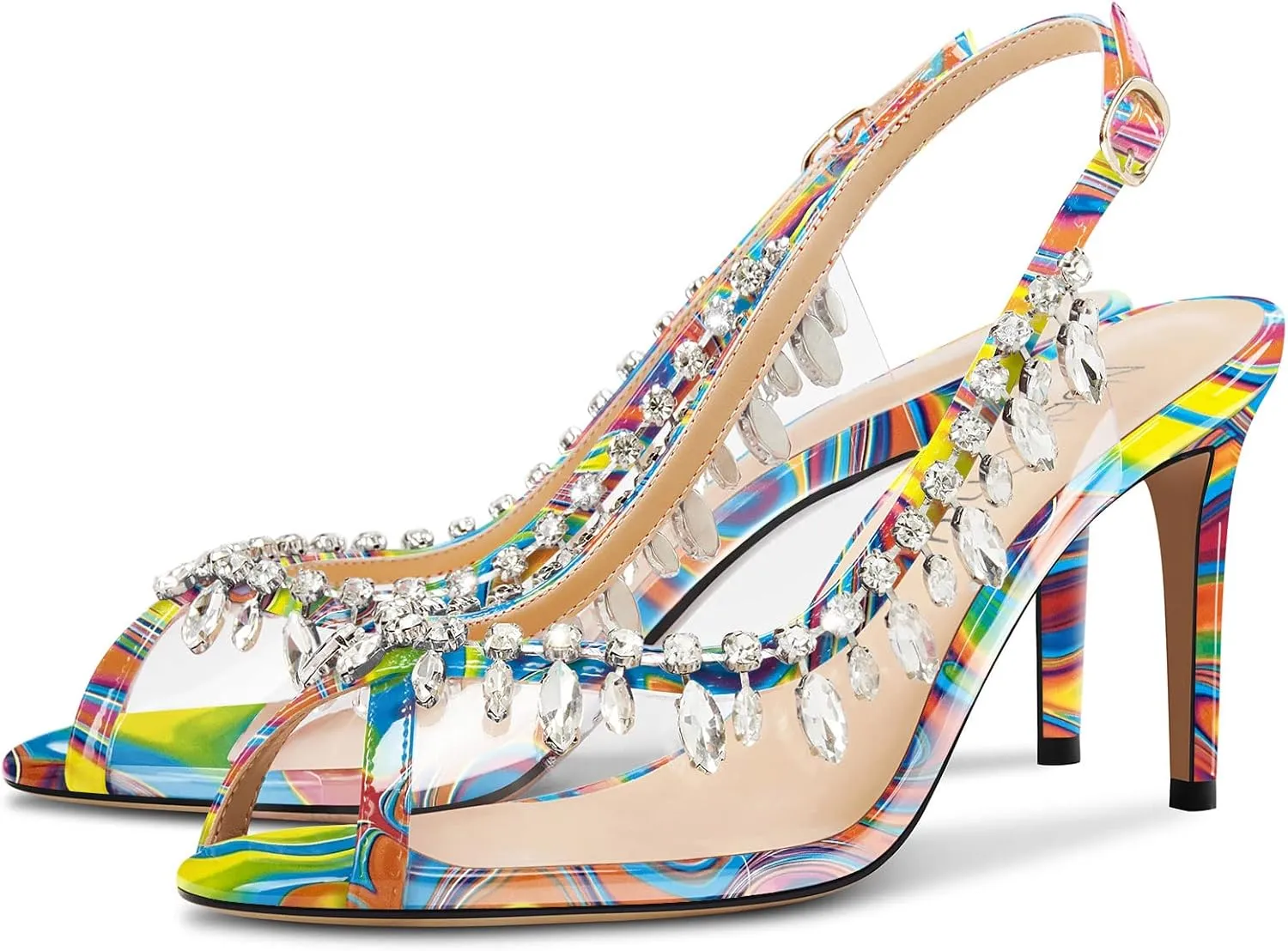 NobleOnly Womens Mid Heel Peep Open Toe Slingback Sandals Rhinestone Crystal Prom Party Sexy Summer Shoes 3.2 Inches Heels