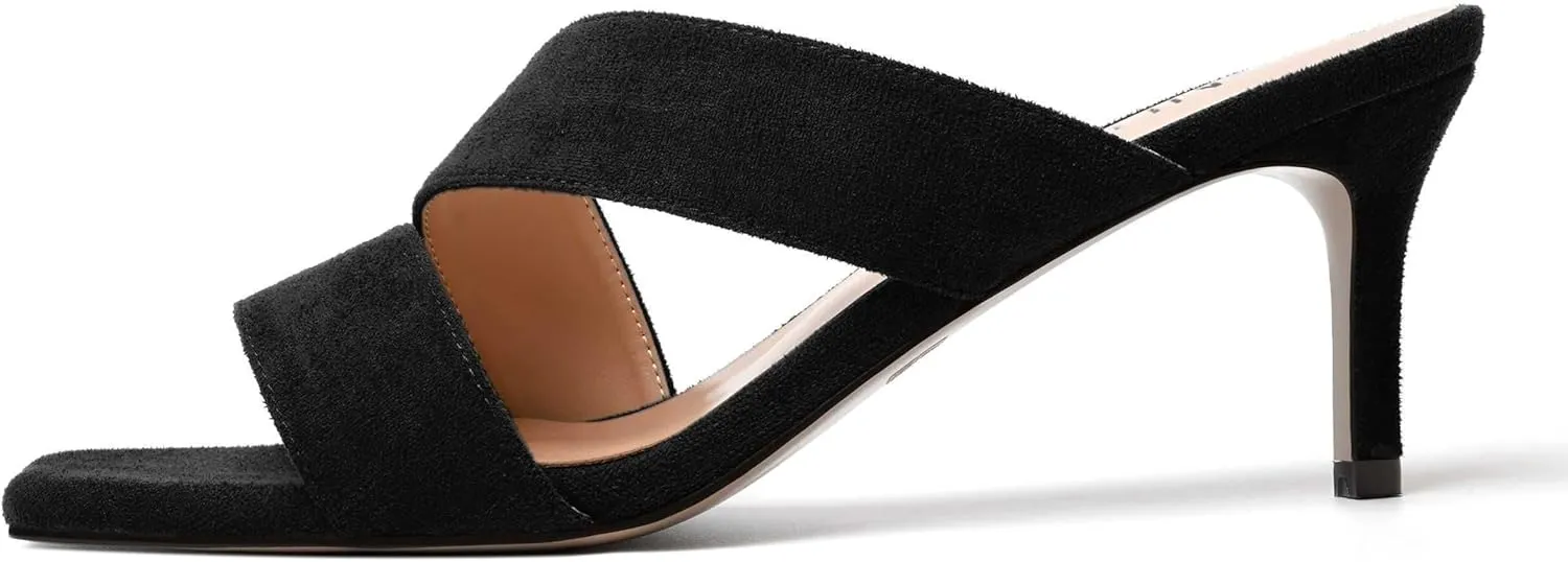 NUMALEO Womens Square Toe Suede Dress Slip On Stylish Party Stiletto Mid Heel Heeled Sandals 2.5 Inch