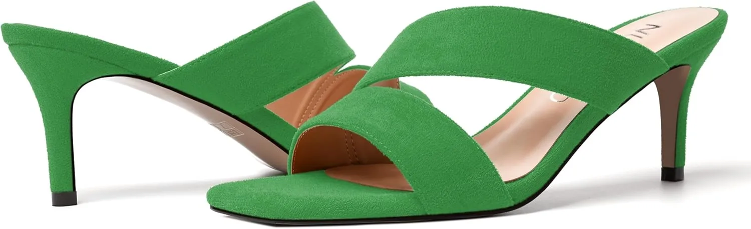 NUMALEO Womens Square Toe Suede Dress Slip On Stylish Party Stiletto Mid Heel Heeled Sandals 2.5 Inch