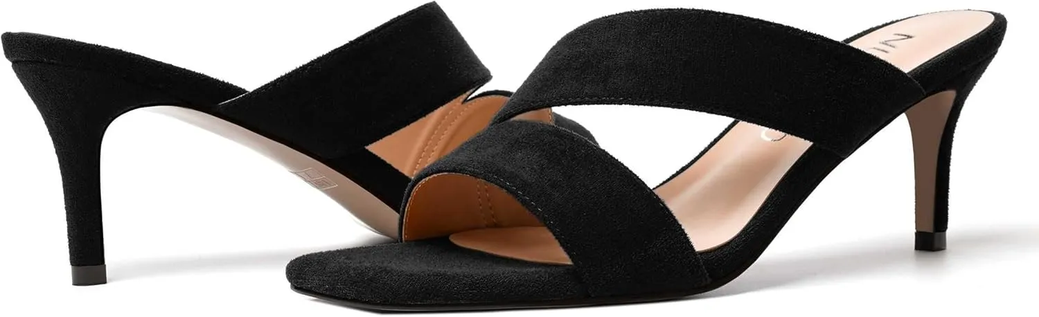 NUMALEO Womens Square Toe Suede Dress Slip On Stylish Party Stiletto Mid Heel Heeled Sandals 2.5 Inch