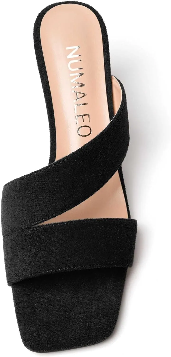 NUMALEO Womens Square Toe Suede Dress Slip On Stylish Party Stiletto Mid Heel Heeled Sandals 2.5 Inch