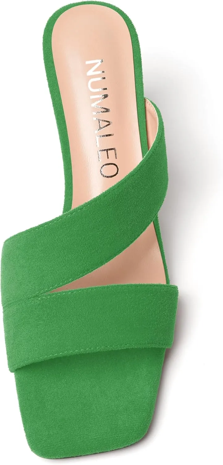 NUMALEO Womens Square Toe Suede Dress Slip On Stylish Party Stiletto Mid Heel Heeled Sandals 2.5 Inch
