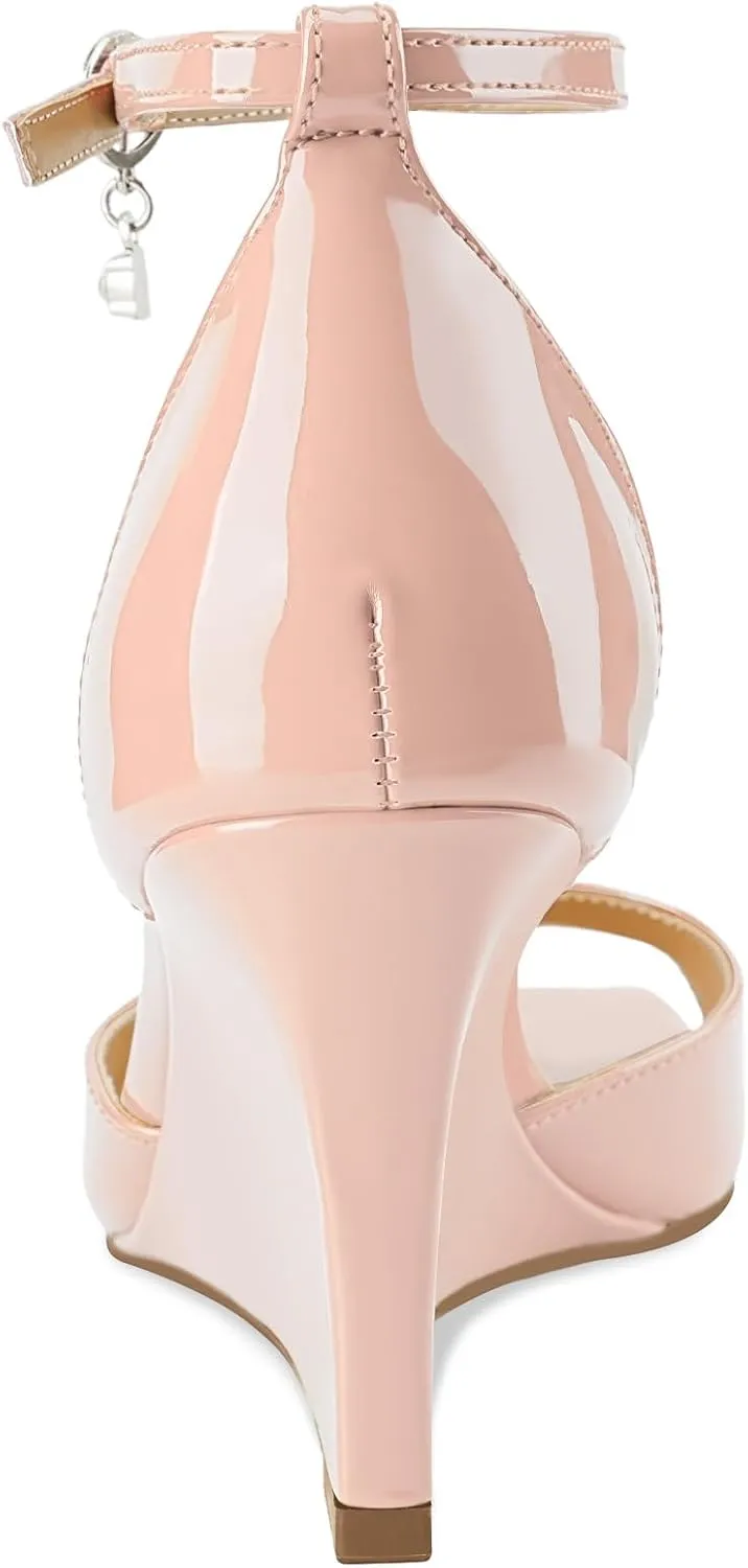 Oh Mispares Black Wedge Heels for Women Square Toe Sandals Ankle Strap 3.5 Inch Elegant Wedding Sandals for Brides
