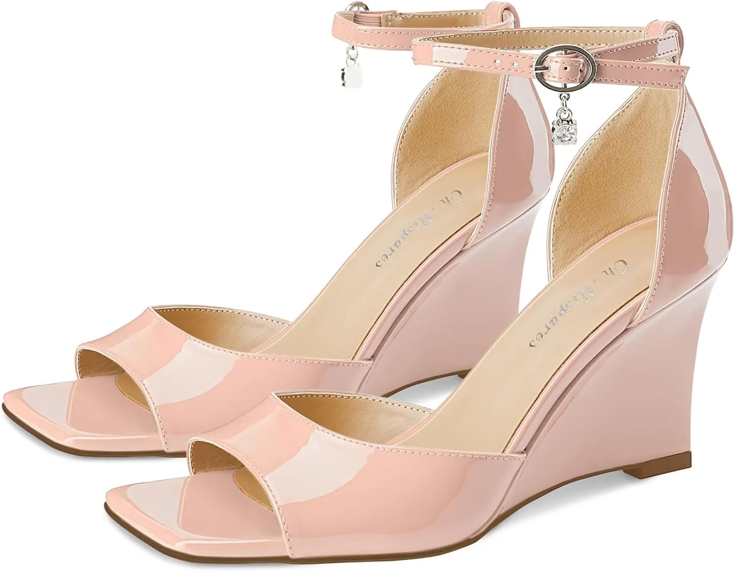 Oh Mispares Black Wedge Heels for Women Square Toe Sandals Ankle Strap 3.5 Inch Elegant Wedding Sandals for Brides