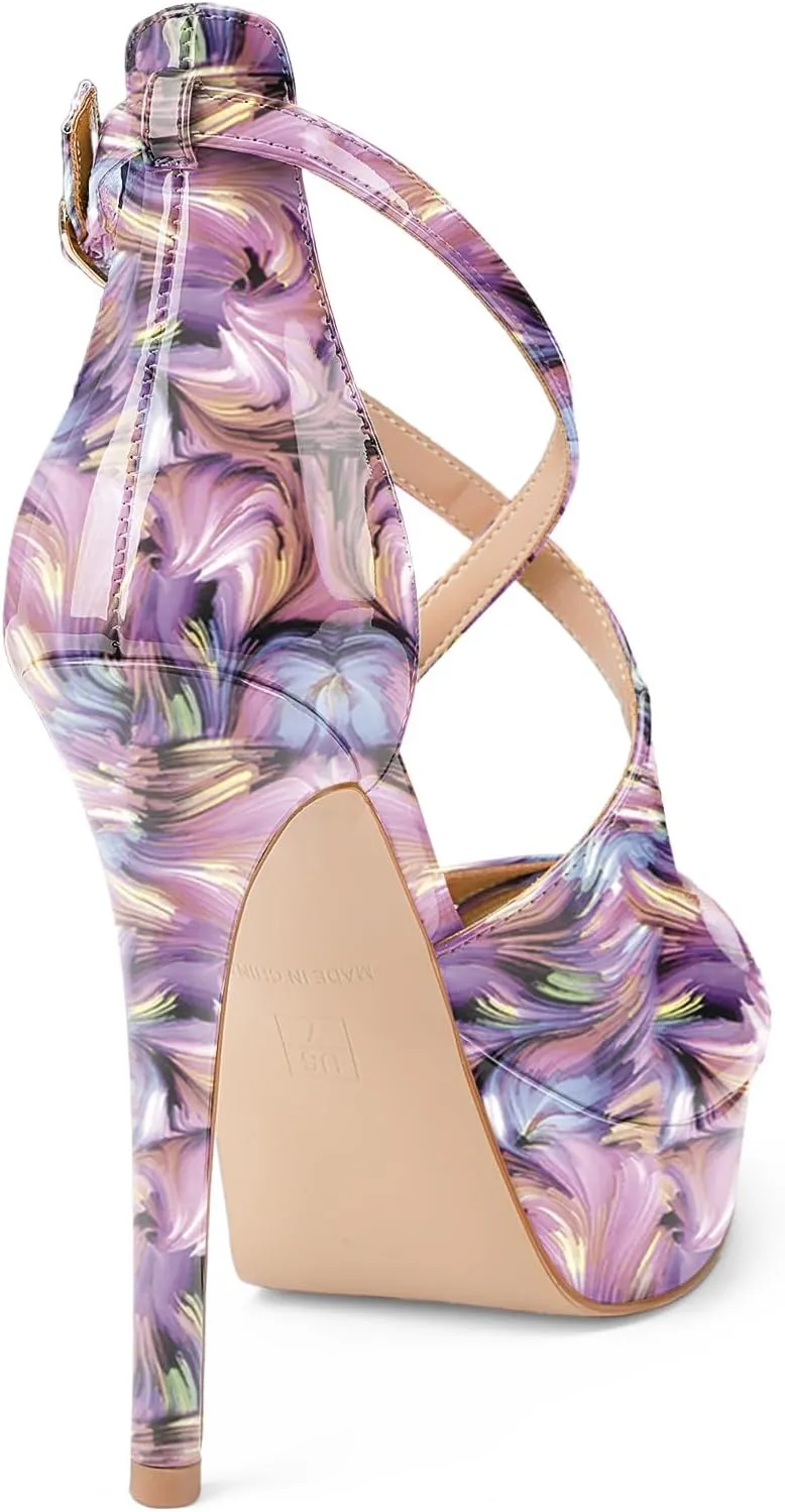Oh Mispares Platform High Heel Sandals Peep Toe Stiletto Crisscross Strappy Buckle 5 inch Heels Dressy Heeled Sandals for Women/Girls