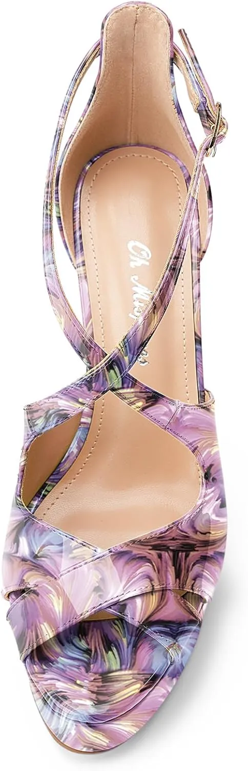 Oh Mispares Platform High Heel Sandals Peep Toe Stiletto Crisscross Strappy Buckle 5 inch Heels Dressy Heeled Sandals for Women/Girls