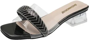 oiangi Rhinestone Sandals for Women Heels Summer Fashion Slip on Square Toe Open Toe Clear Heel Chunky High Heels Shoes Ladies Comfortable Dress Shoes