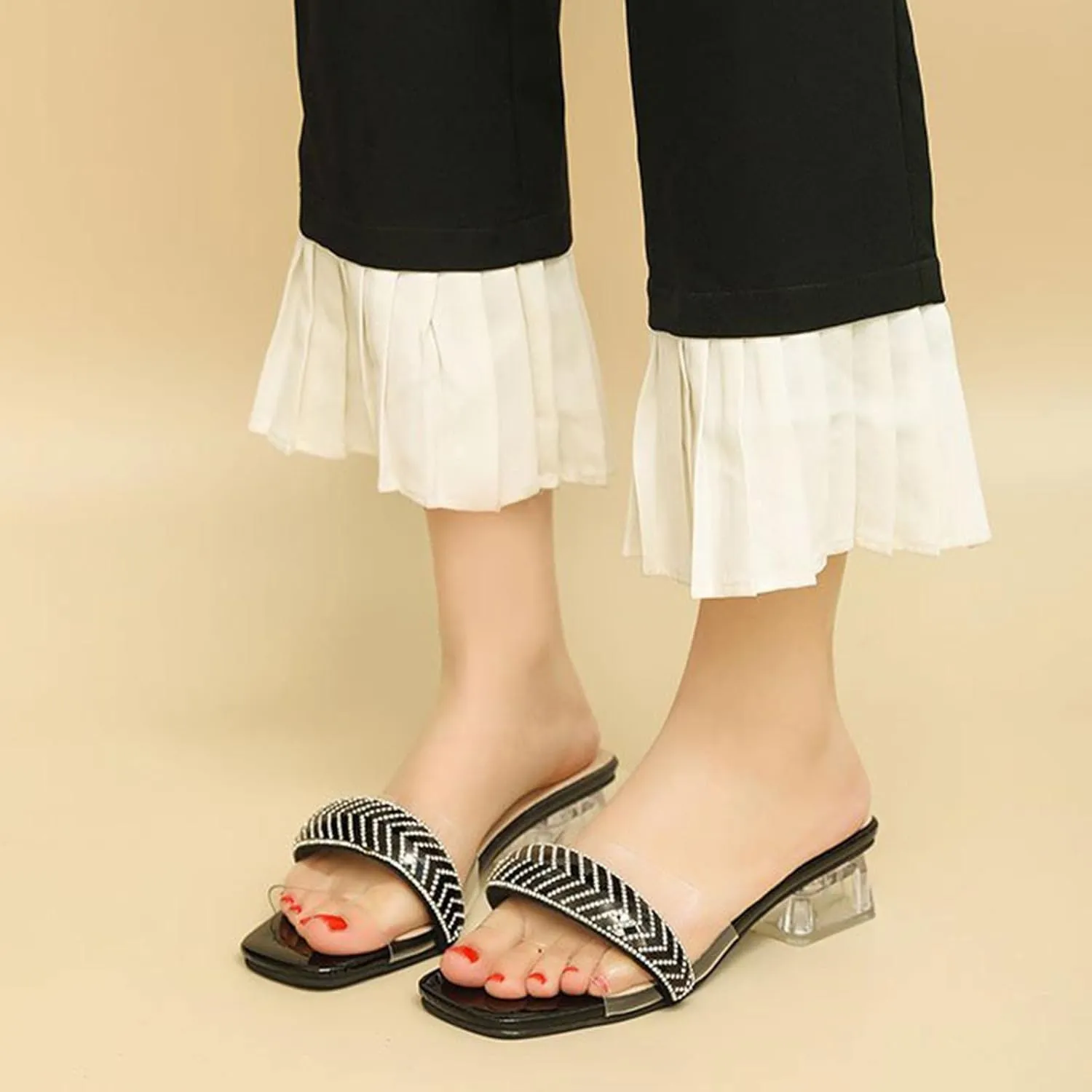 oiangi Rhinestone Sandals for Women Heels Summer Fashion Slip on Square Toe Open Toe Clear Heel Chunky High Heels Shoes Ladies Comfortable Dress Shoes