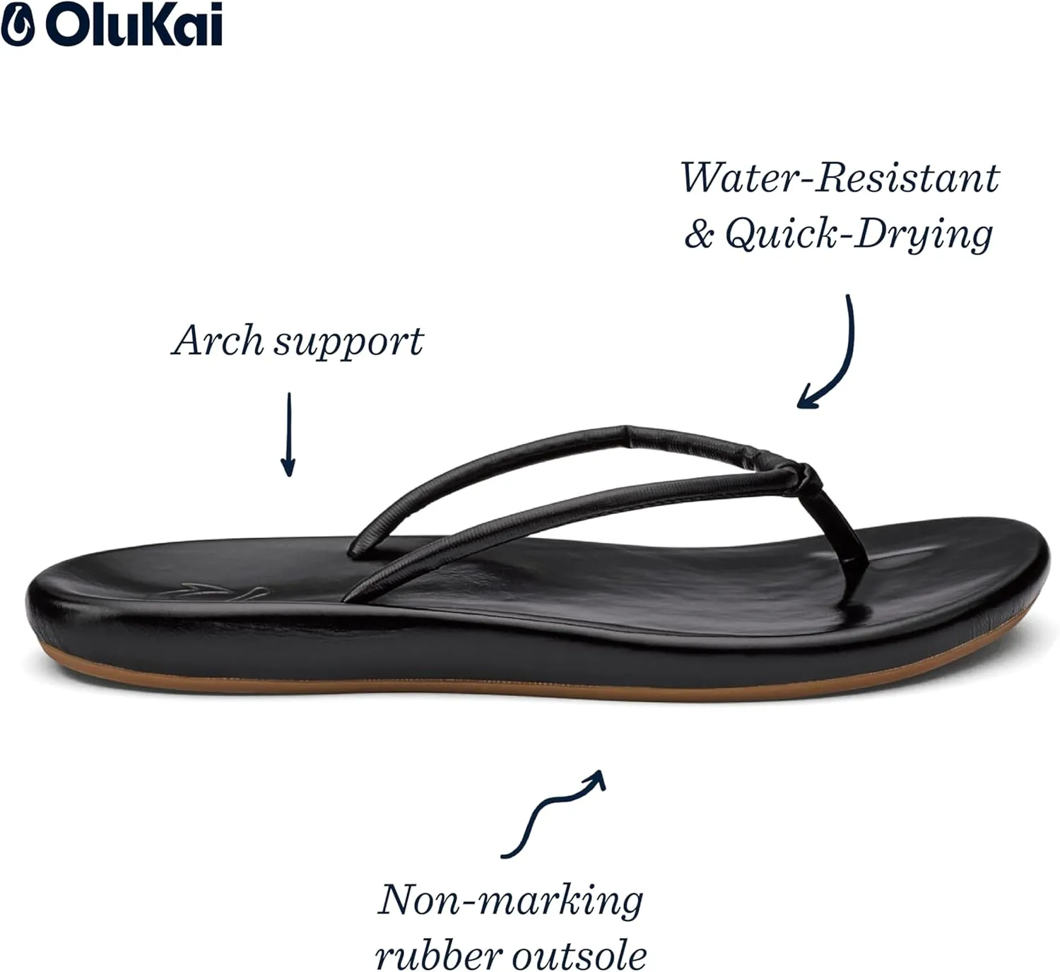 OLUKAI Huawai Women's Sandals, Full-Grain Leather Flip-Flop Slides, Stylish Design, Wet Grip Rubber & All-Day Comfort