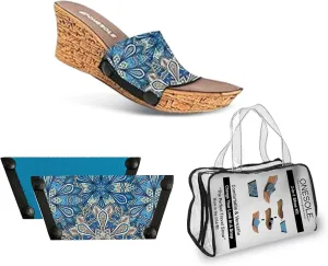 Onesole Casual Cork Travel Shoe Kit, Interchangeable Faux cork wedges, pair of Blue Flower print interchangeable neoprene Tops, and Dusky Blue, Tops for women's wedge Sandals, As Seen on Shark Tank