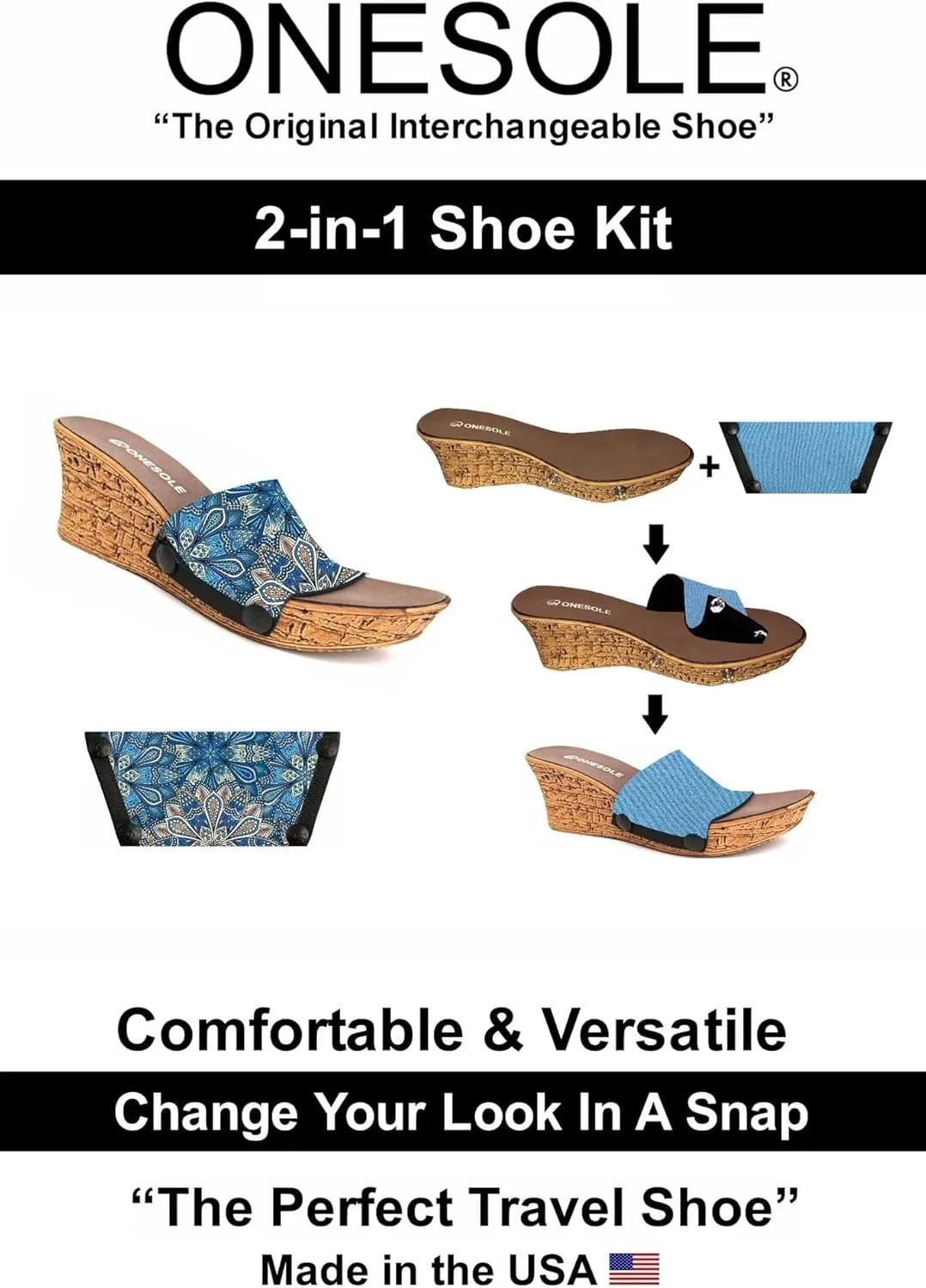 Onesole Casual Cork Travel Shoe Kit, Interchangeable Faux cork wedges, pair of Blue Flower print interchangeable neoprene Tops, and Dusky Blue, Tops for women's wedge Sandals, As Seen on Shark Tank