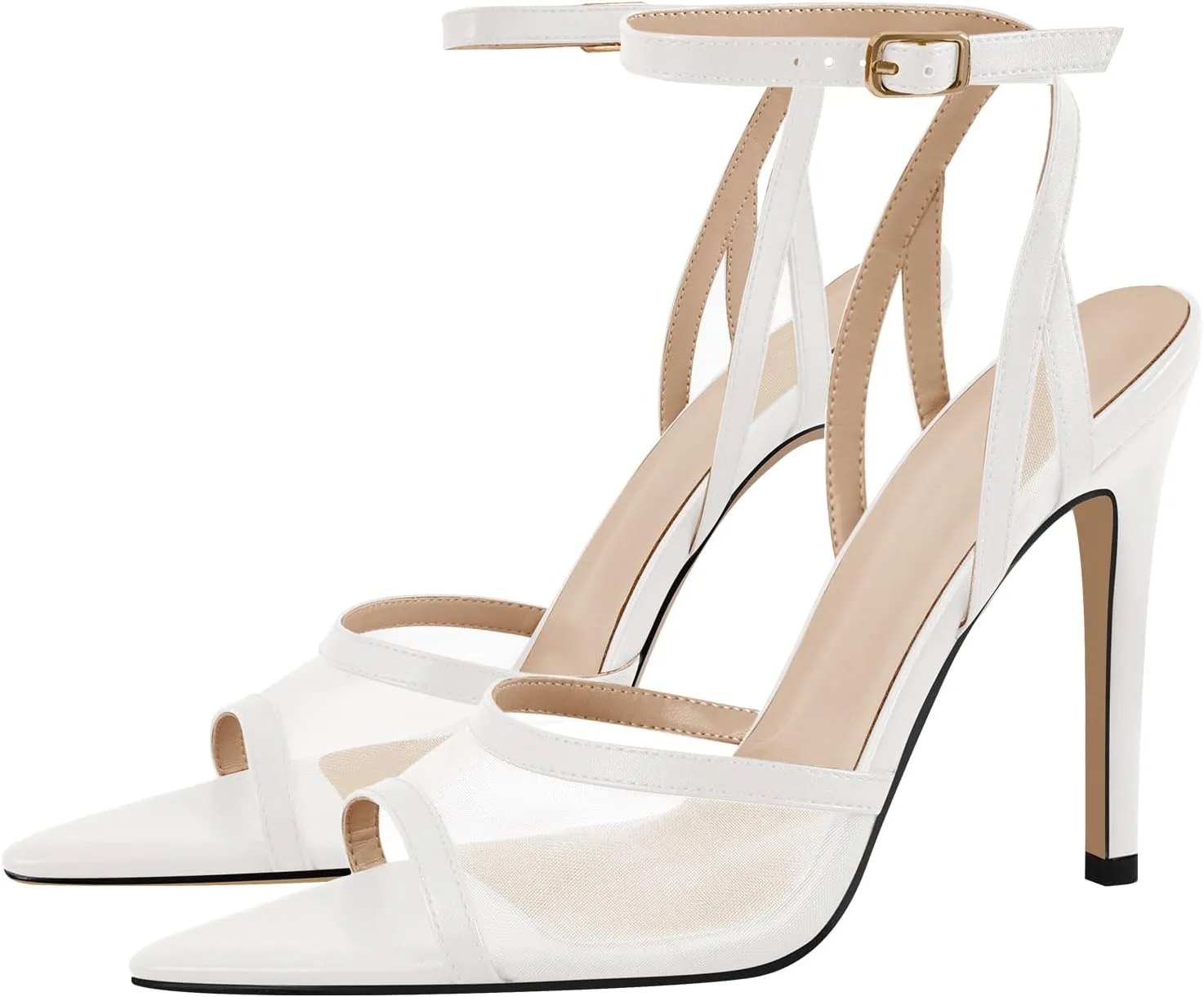 onlymaker Women's Sexy Peep Toe Fishnet Mesh Ankle Sandals Point Toe Cross Buckle Strappy Open-back Stiletto High Heel Sandals
