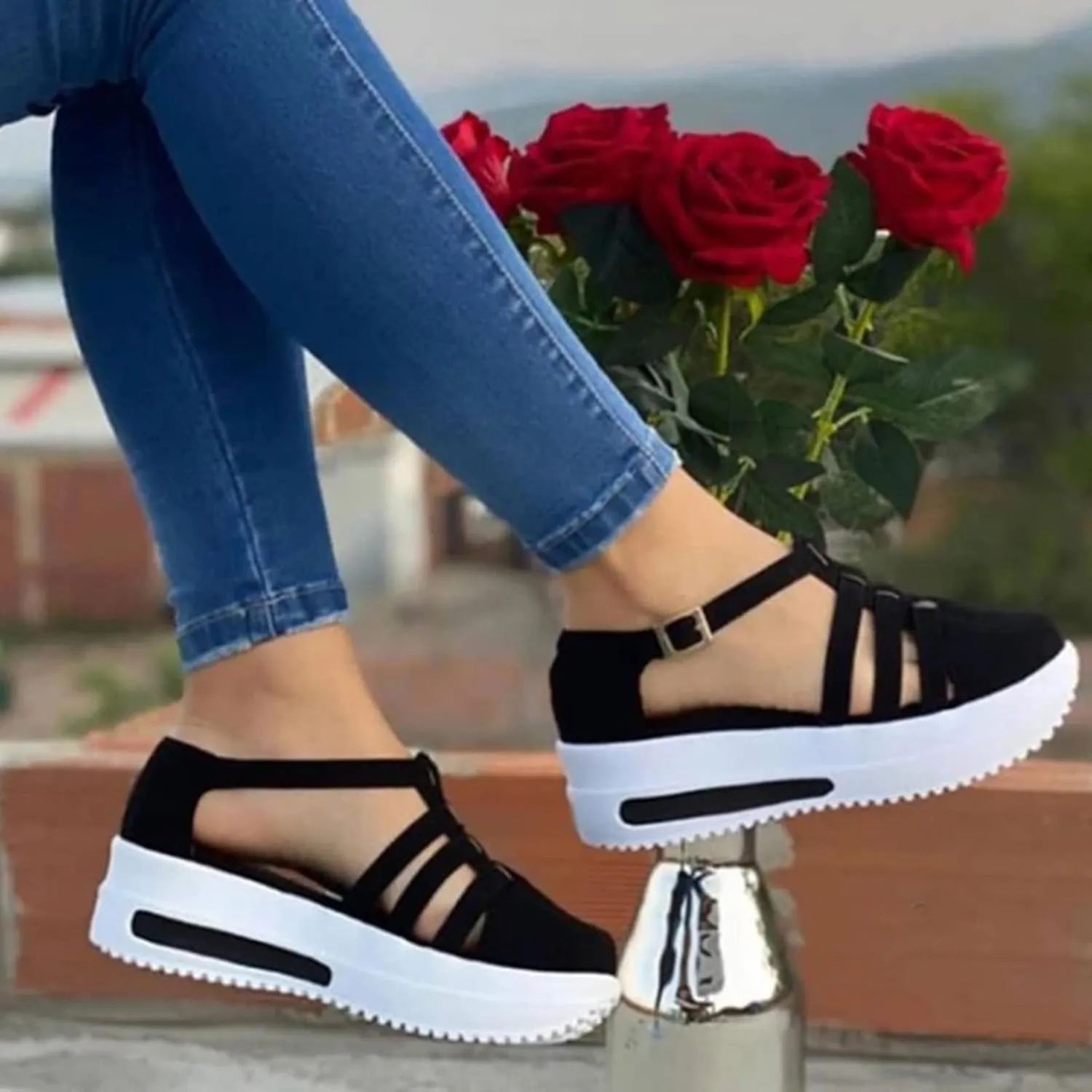 Orthopedic Wedge Sandals for Women Summer Dressy Closed Toe Ankle Strap Platform Sneakers Cutout Low Wedges Slip on Sandals buckle Dressy Shoes Comfortable Outdoor Shoes