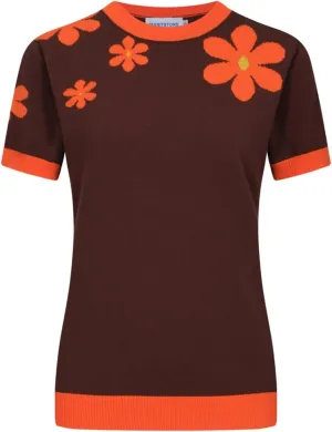 OXKnit Women's Short Sleeve Red Flowers Knitted Vintage T-Shirt, 1960s Mod Style Casual Cotton Knitted Retro T-Shirts