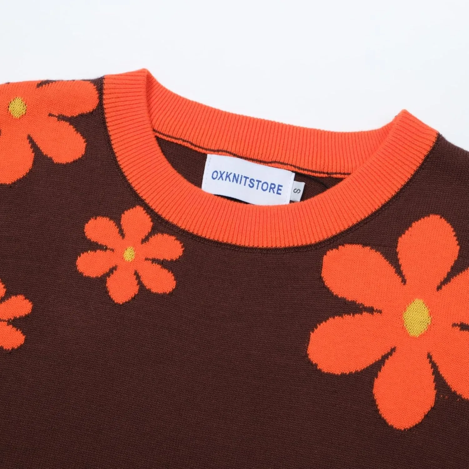 OXKnit Women's Short Sleeve Red Flowers Knitted Vintage T-Shirt, 1960s Mod Style Casual Cotton Knitted Retro T-Shirts