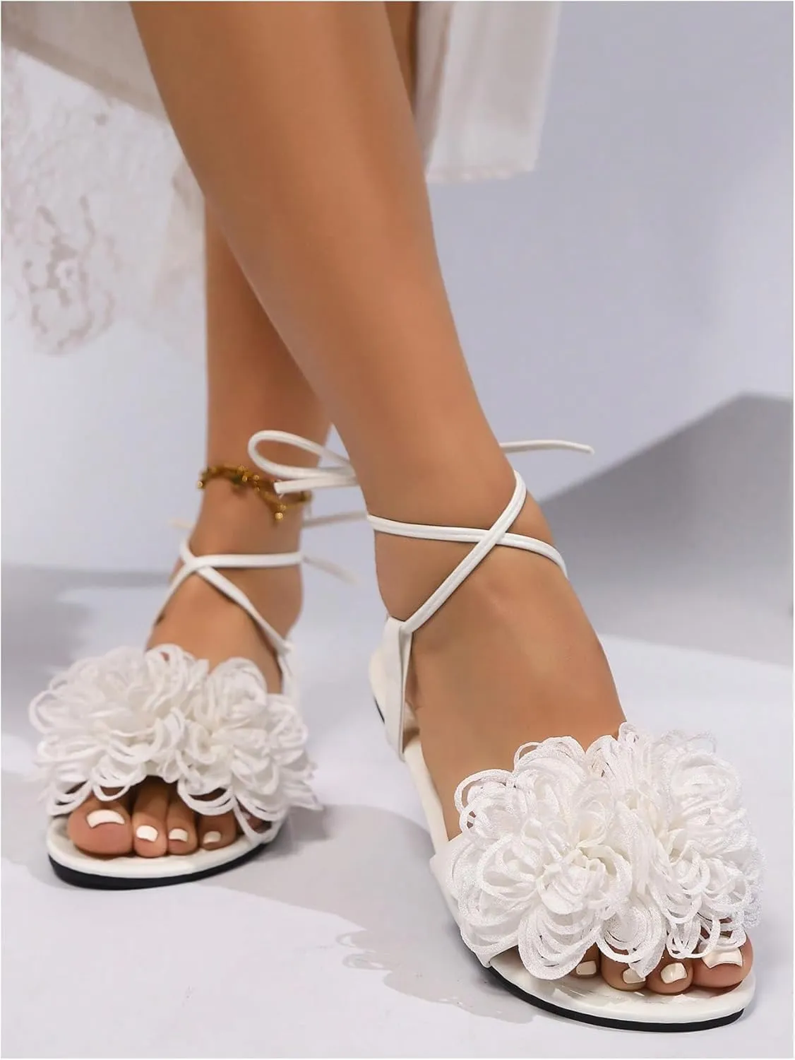 OYOANGLE Women's Appliques Criss Cross Lace Up Flat Sandals Open Toe Elegant Wedding Sandals
