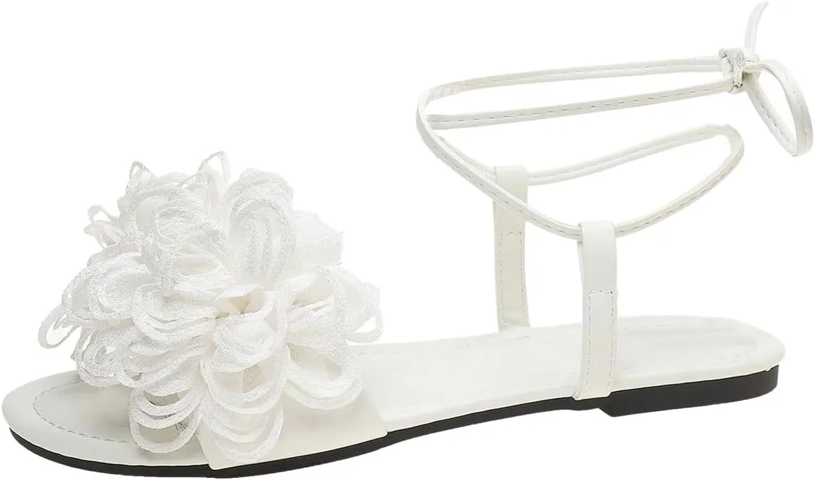 OYOANGLE Women's Appliques Criss Cross Lace Up Flat Sandals Open Toe Elegant Wedding Sandals