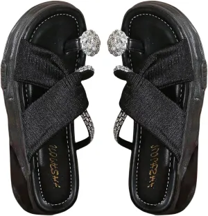 OYOANGLE Women's Rhinestone Crossed Strap Toe Ring Sandals Comfy Platform Flip Flops Elegant Outdoor Slippers