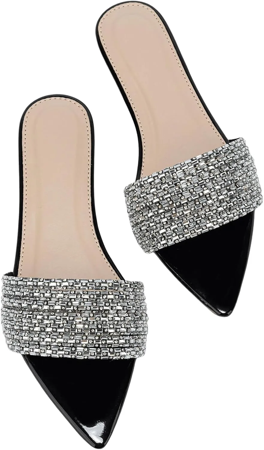OYOANGLE Women's Rhinestone Pointed Open Toe Sandals Leather Sparkly Single Band Elegant Slide Sandals