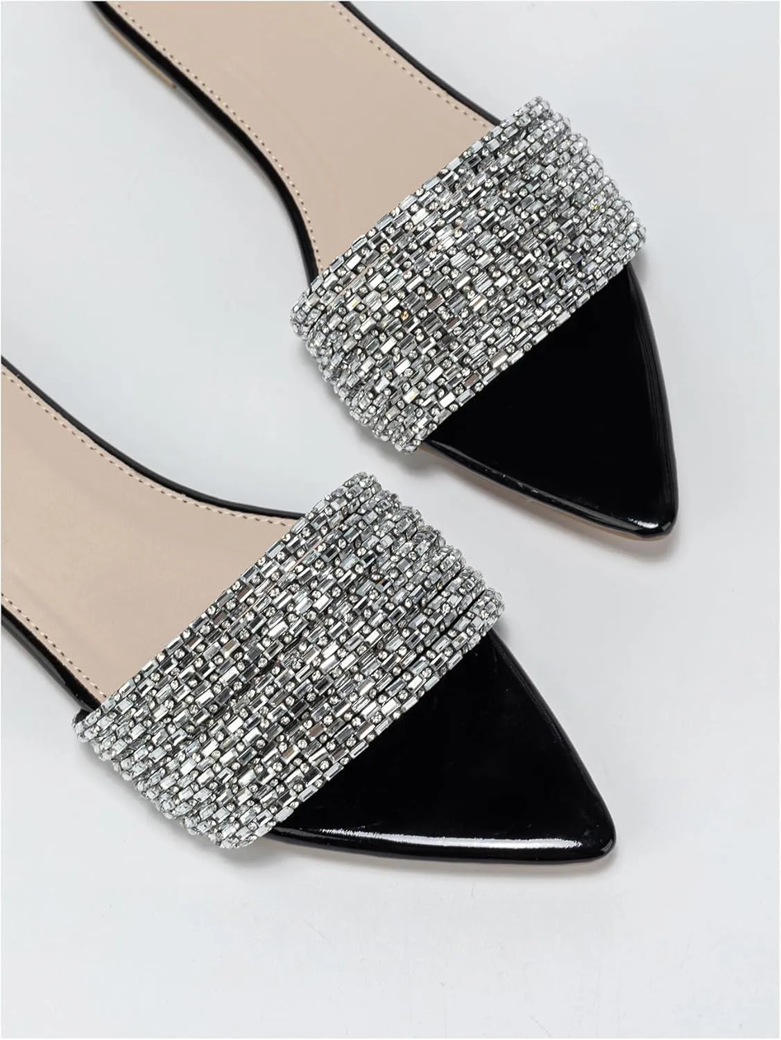 OYOANGLE Women's Rhinestone Pointed Open Toe Sandals Leather Sparkly Single Band Elegant Slide Sandals