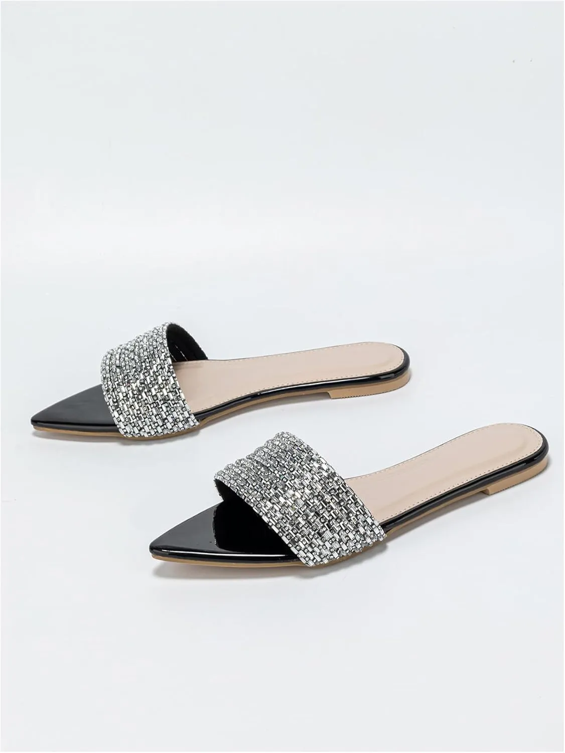 OYOANGLE Women's Rhinestone Pointed Open Toe Sandals Leather Sparkly Single Band Elegant Slide Sandals