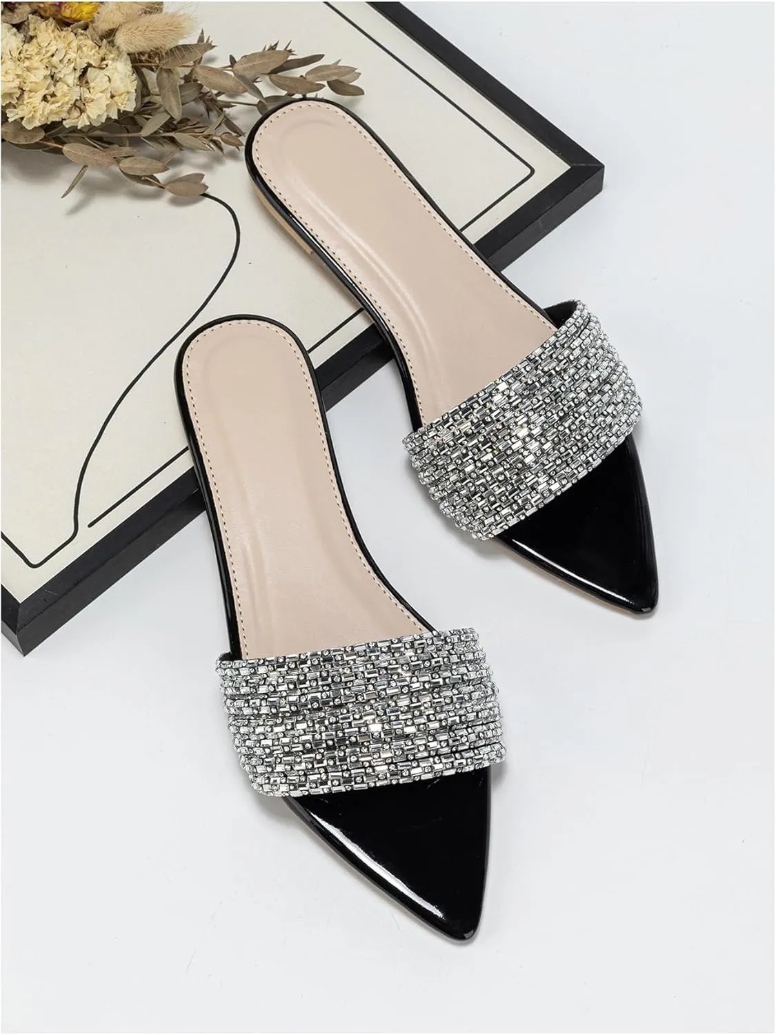 OYOANGLE Women's Rhinestone Pointed Open Toe Sandals Leather Sparkly Single Band Elegant Slide Sandals