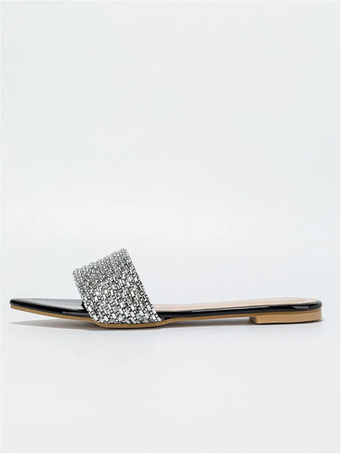 OYOANGLE Women's Rhinestone Pointed Open Toe Sandals Leather Sparkly Single Band Elegant Slide Sandals