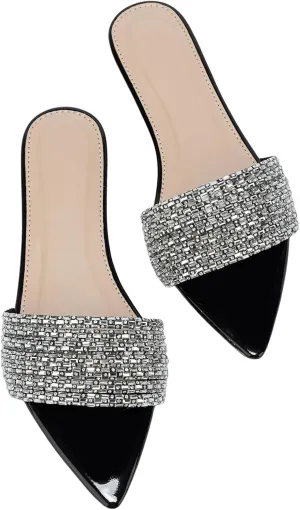OYOANGLE Women's Rhinestone Pointed Open Toe Sandals Leather Sparkly Single Band Elegant Slide Sandals