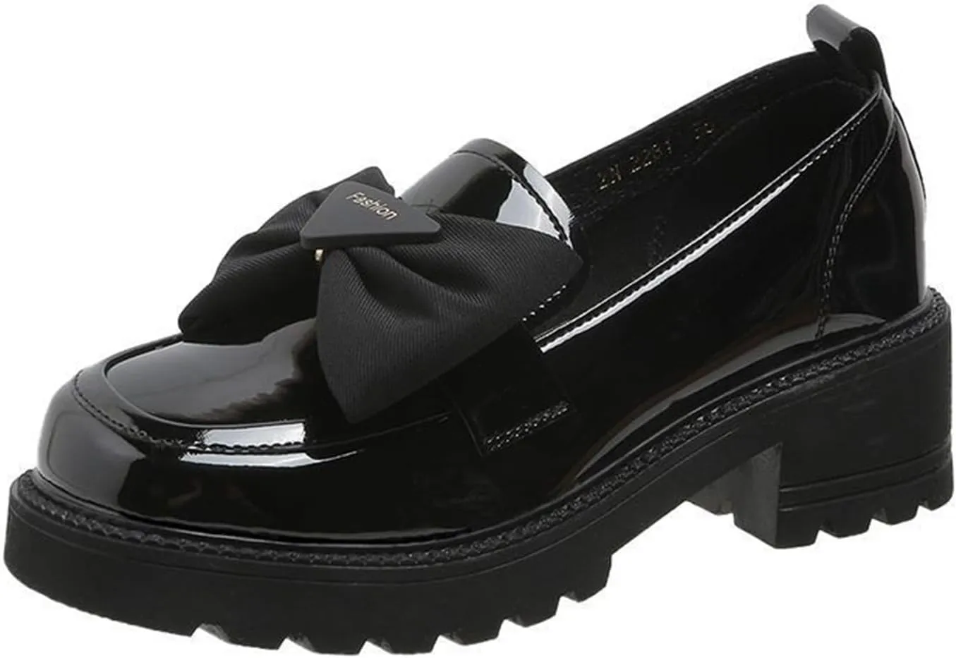 Patent Leather Loafers for Women Slip-On Platform Chunky Heel Bow Loafers Dress Oxfords Shoes Casual Business Work Shoes (Black,6)