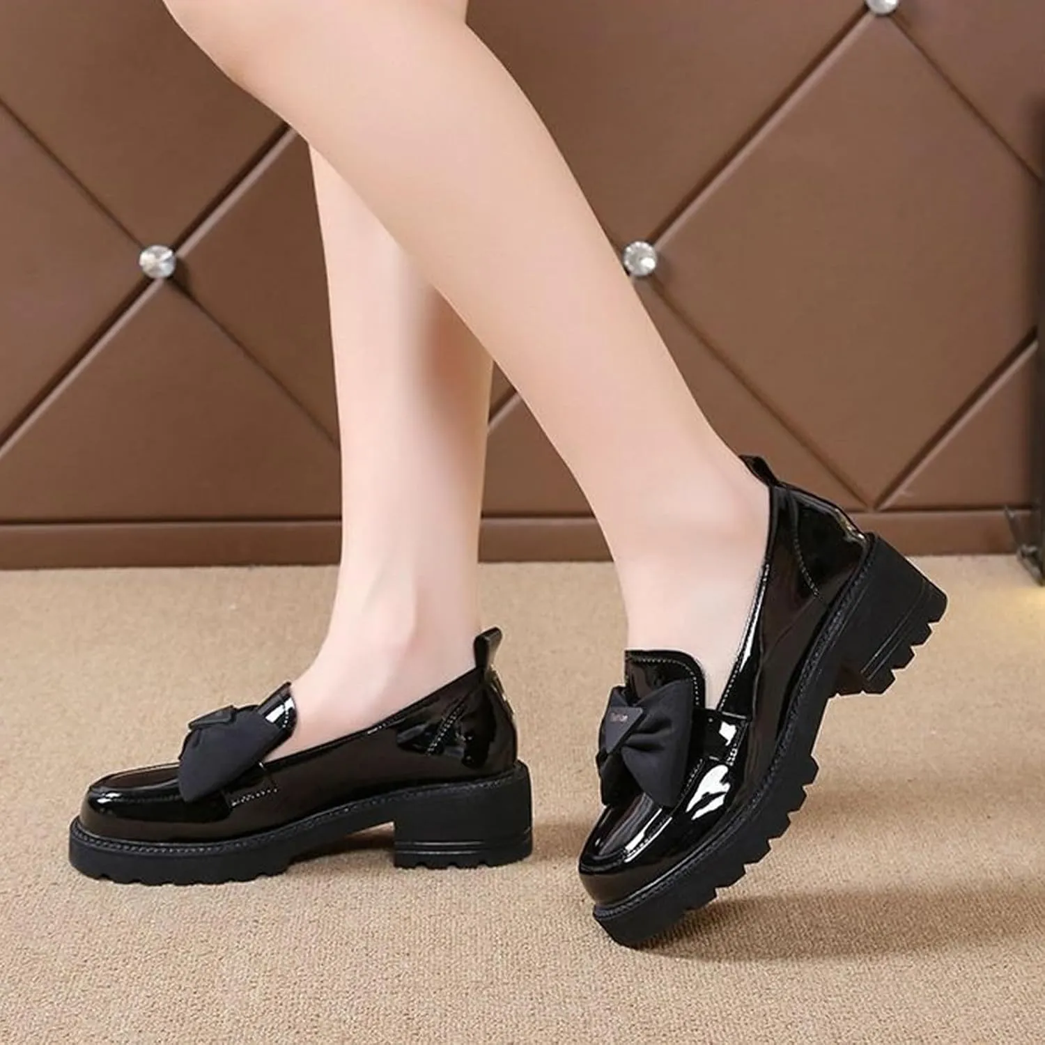 Patent Leather Loafers for Women Slip-On Platform Chunky Heel Bow Loafers Dress Oxfords Shoes Casual Business Work Shoes (Black,6)