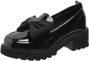 Patent Leather Loafers for Women Slip-On Platform Chunky Heel Bow Loafers Dress Oxfords Shoes Casual Business Work Shoes (Black,6)