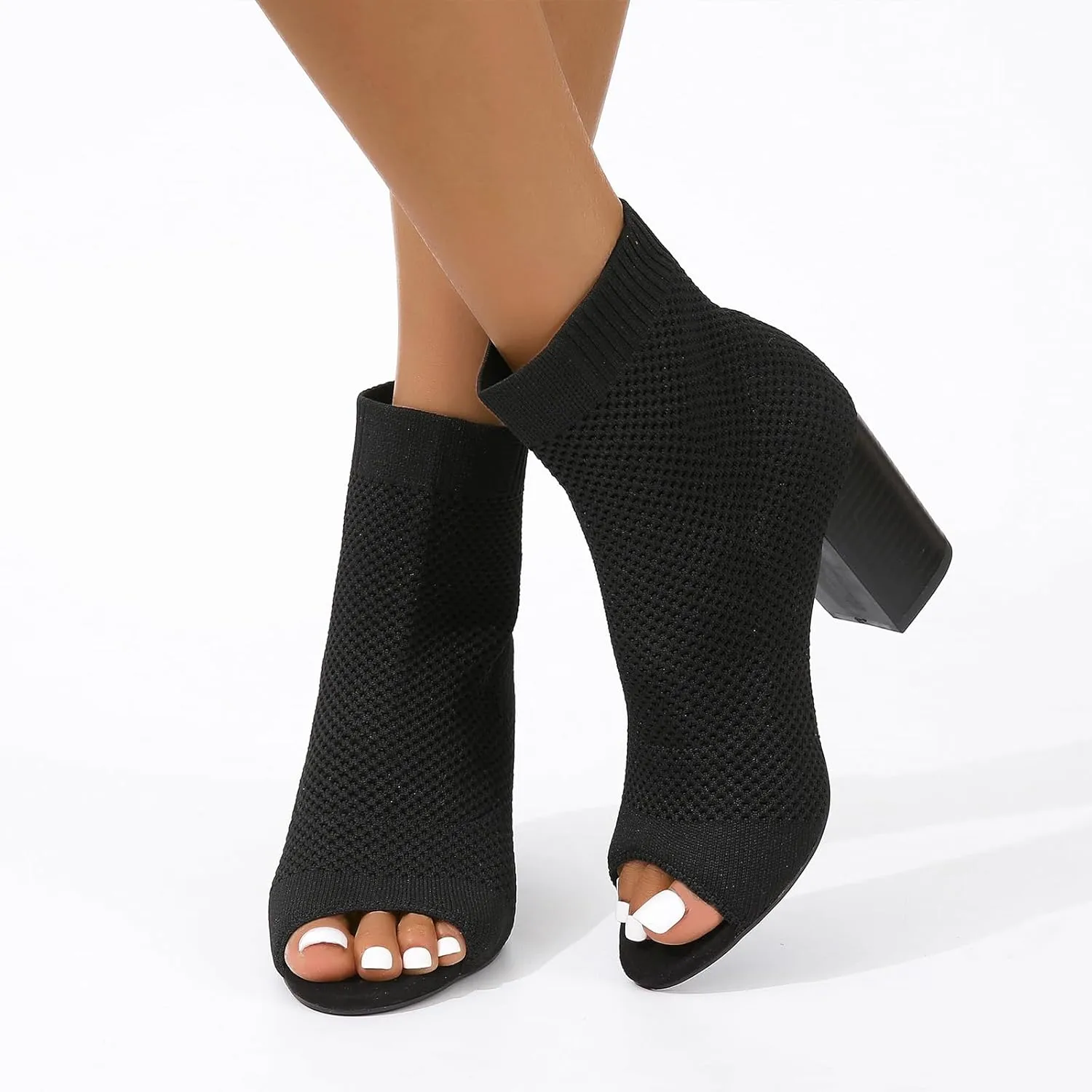 Peep Toe Booties for Women Knit Open Toe Chunky Block Heels Breathable Sock Boots Fashion Heeled Sandals US5-11