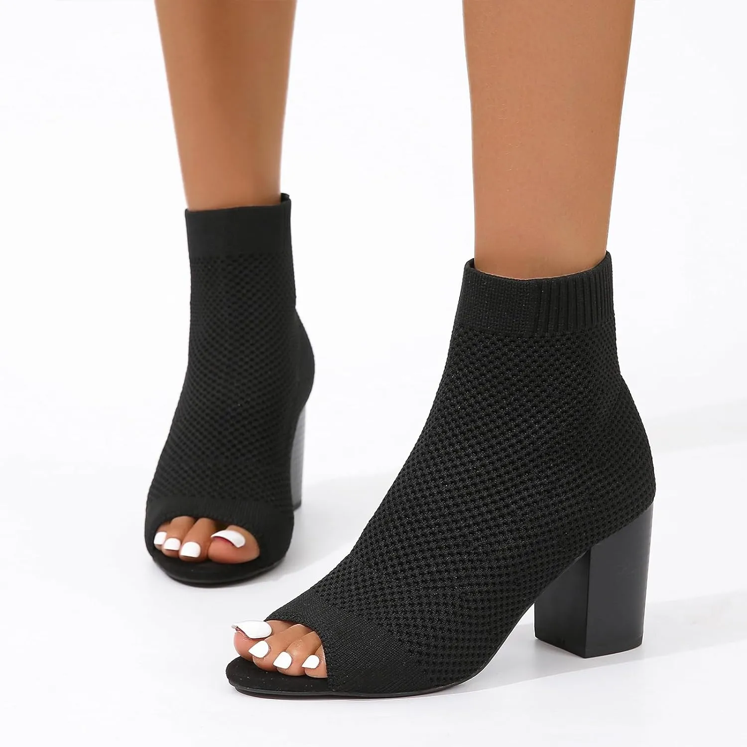 Peep Toe Booties for Women Knit Open Toe Chunky Block Heels Breathable Sock Boots Fashion Heeled Sandals US5-11