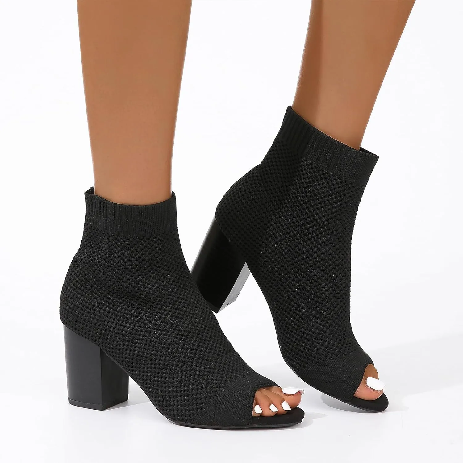 Peep Toe Booties for Women Knit Open Toe Chunky Block Heels Breathable Sock Boots Fashion Heeled Sandals US5-11